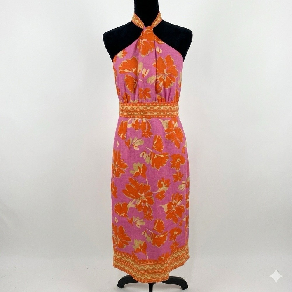Antonio Melani Naomi Floral Linen Halter‎ Midi Dress Pink Orange Sz 6 Resortwear